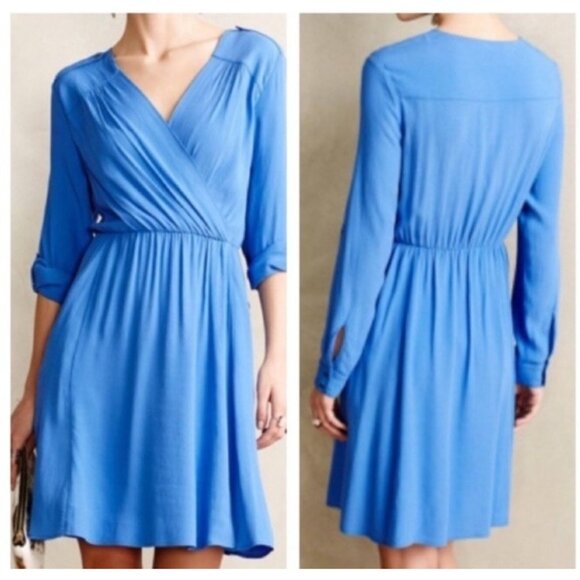 Anthropologie Maeve Women’s Small Blue Wrap Dress Zip Pockets Roll Tab Sleeve - Picture 1 of 10